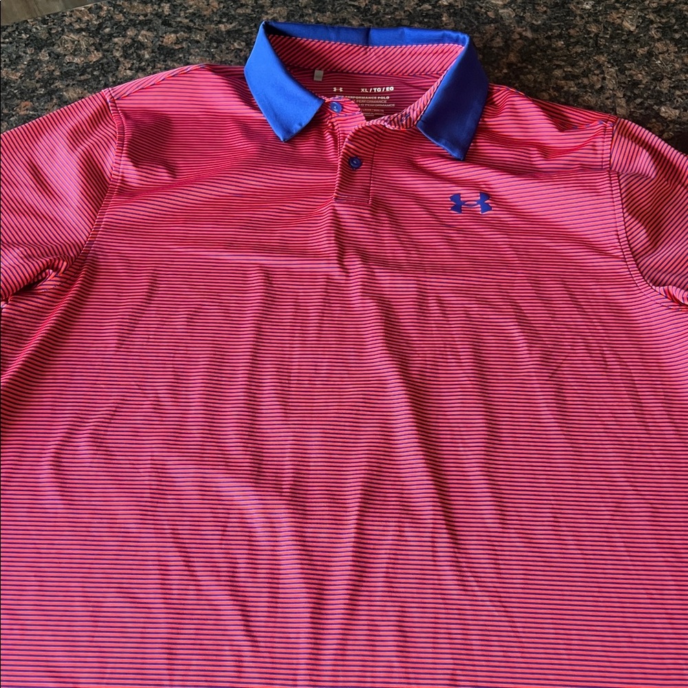 Under Armour Men’s Red & Blue  Striped Polo with Blue Collar  XL